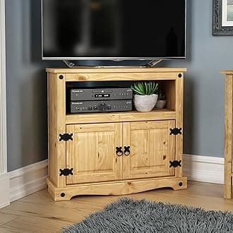 Corner TV Cabinet, 2 Door, Waxed Solid Pine Wood, Traditional, Rustic, 70 x 77.5 x 40