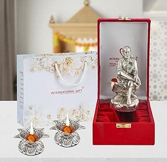 INTERNATIONAL GIFT® Silver Sai Baba Statue with Beautiful Gift Box Packing and with Carry Bag and2 Pieces Diya Set (16 cm X 7 cm X 5.5 cm)