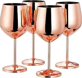 Oak & Steel - 8 Large Stainless Steel Wine Glasses in Copper Rose Gold, 500ml - Unbreakable & Elegant Glass Gift Set for Weddings, Anniversary, Birthday Party