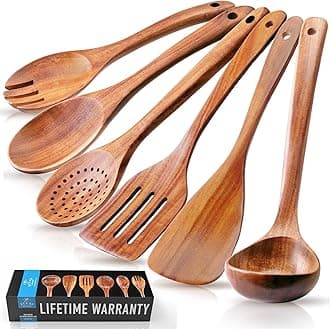 Zulay Kitchen Extra-Large 6-Piece Wooden Spoon Set - Smooth Teak Cooking Utensils - Comfort-Grip Non-Stick Turner, Spatula, Skimmer, Fork, Serving Spoon