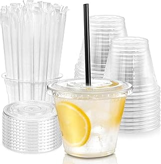 Fit Meal Prep 100 Pack 9 oz Plastic Iced Coffee Cups with Flat Lids and Black Straws, Disposable Clear Cup, BPA Free Cup for Party, Smoothie, Cold Drinks, Juice, Milkshake, Bubble Boba, Tea