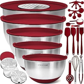 Priority Chef Premium Large 28Pc Stainless Steel Mixing Bowls with Lids Set, Non-Slip Base, Air Tight Lids, 3 Graters and Utensil Set, Large Metal Nesting Bowls for Kitchen, Red