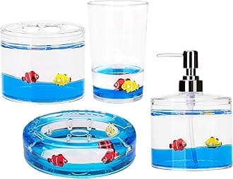 4 Piece Acrylic Liquid 4D Floating Motion Bathroom Vanity Accessory Set Garden Theme Leaf Toothbrush Holder, Tumbler, Soap Dispenser, Soap Dish