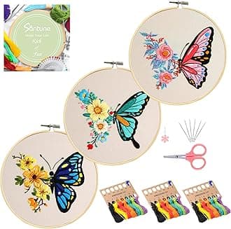Santune 3 Pack Embroidery Kit for Beginners Adults Cross Stitch Kits with Butterfly Patterns and Instructions,DIY Hand Crafts with 1 Hoop,Threads and 6 Needles