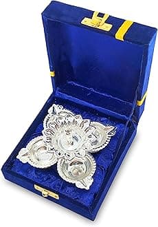 Diya German Silver Oil Lamp with Blue Velvet Box Silver Plated Panchmukhi Dia Pooja Items Home Decoration Puja Gifts Handmade Diwali Gift Traditional Indian Dhanteras Deepawali Upahaar