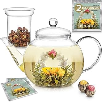 Stovetop & Microwave Safe Glass Teapot with Removable Loose Tea Glass Infuser – Includes 2 Blooming Teas – 2-in-1 Tea Kettle and Tea Maker – Tea Purist's Choice