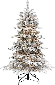 Puleo International 4.5ft Pre-Lit Slim Flocked Aspen Fir Christmas Tree with 200 Clear Lights, 389 Realistic Dense Snow Flocked Branch Tips, Easy Setup Artificial Trees with Sturdy Metal Stand