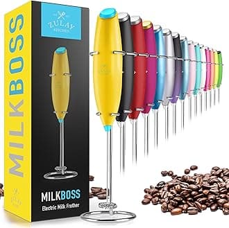 Zulay Powerful Milk Frother Handheld Foam Maker for Lattes - Whisk Drink Mixer for Coffee, Mini Foamer for Cappuccino, Frappe, Matcha, Hot Chocolate by Milk Boss (Yellow/Teal)