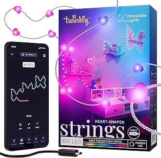 Twinkly Strings USB-C Heart 100 LED, Heart-Shaped LED Light String, Christmas Lights, RGB Multicolor LED Lights, Mappable LEDs, Compatible with Alexa, Google Home, USB-C Power, Transparent Wire, 6m