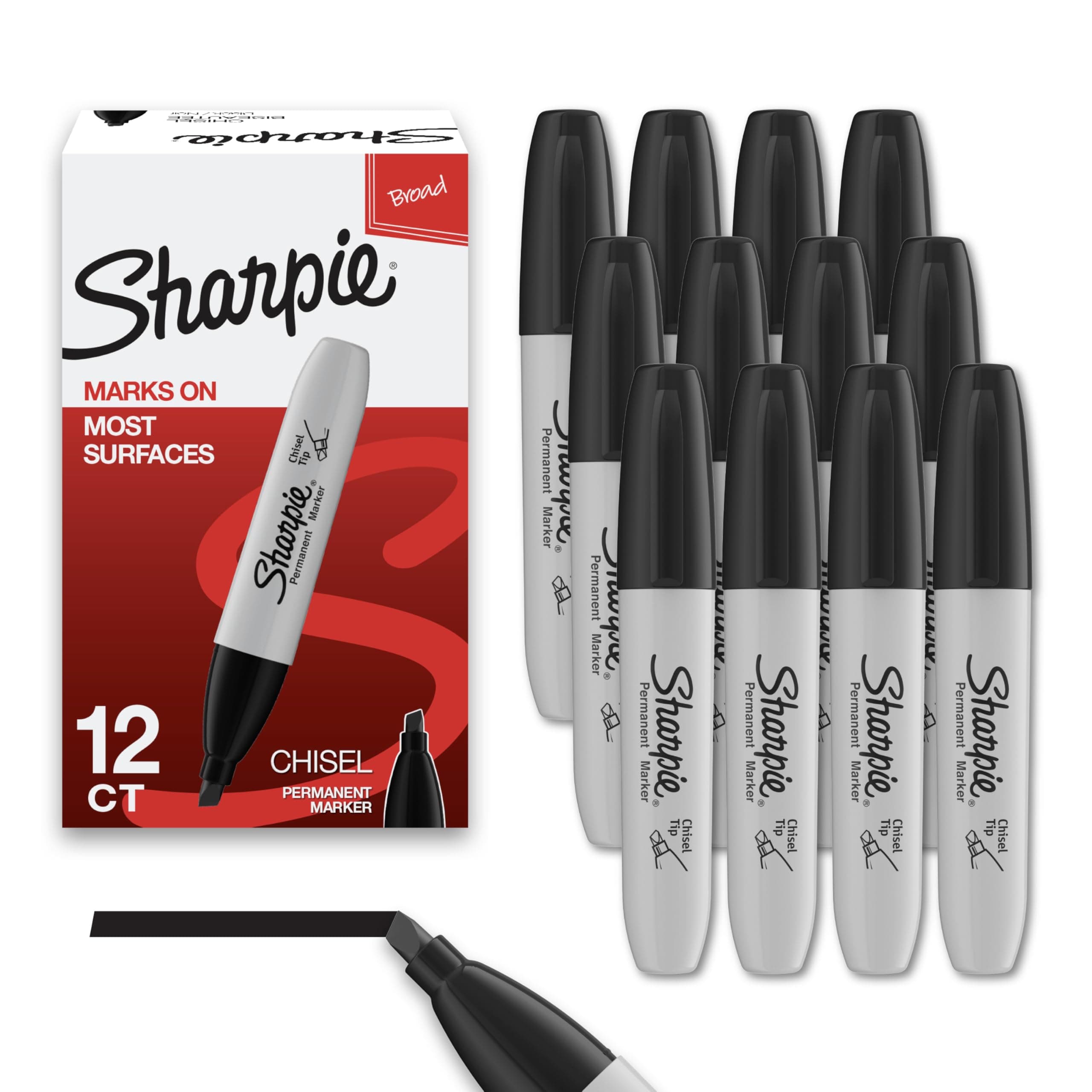 Permanent Markers, Chisel Tip, Black, 12 Count - Home, School, Office Supplies