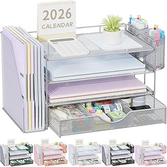 gianotter Desk Organizers and Accessories with File Holder, 4-Tier Desk Accessories & Workspace Organizers with Drawer and 2 Pen Holder, Paper Organizer for Office Supplies (Grey)