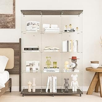 Glass Display Cabinet with 12 Shelves, Extra Large 3 Columns 2 Doors Curio Cabinets for Living Room, Bedroom, Office, Black Floor Standing DIY Glass Bookshelf, Quick Installation