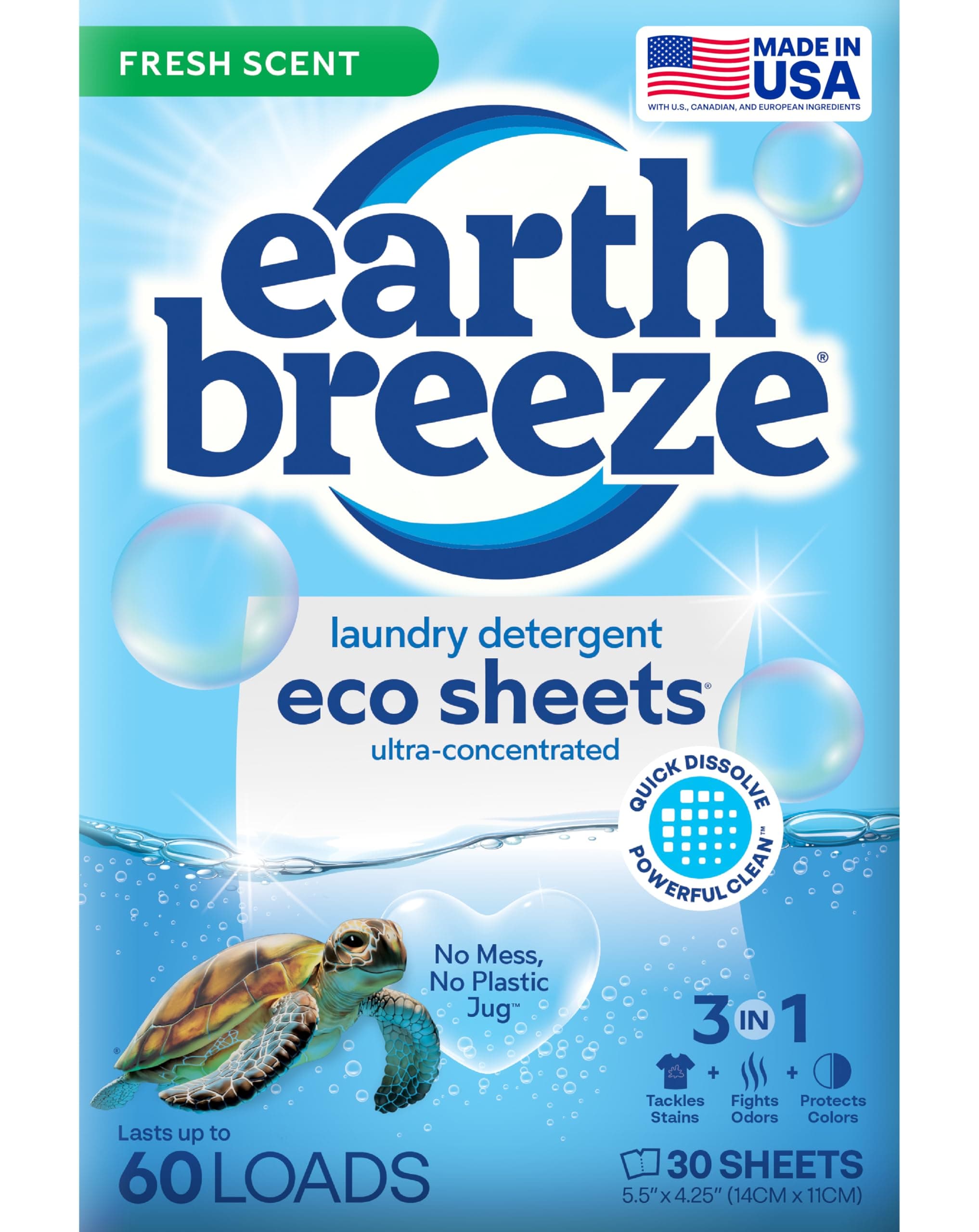 Earth Breeze Laundry Detergent Sheets - 30 Detergent Sheets - 60 Loads - Concentrated Liquidless Laundry Soap - No Plastic Jug - Fresh Scent