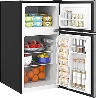 HOMCOM 3.2 Cu.Ft Mini Fridge with Freezer, Double Door Compact Refrigerator with Adjustable Thermostat, Shelf and Reversible Door for Bedroom, Dorm, Home Office, Energy Efficient, Black