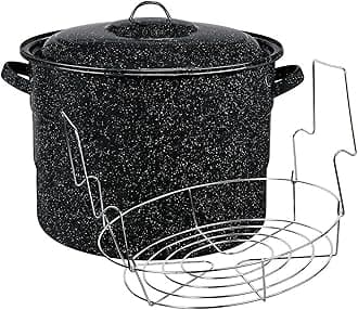 Canning Pot with Rack and Lid - Large 21 Quart Boiling Water Canning Set for Sterilizing and Preserving Jars on the Stovetop/Open Flame - Scratch Resistant Enamel and Steel Core (Black)