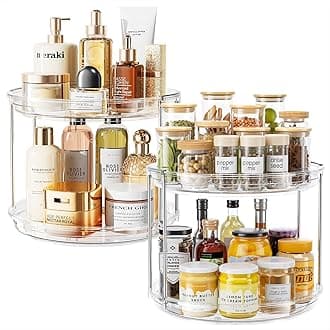 LAMU 2 Pack 2 Tier Lazy Susan Turntable Organizer 10.6'' Rotating Spice Rack Organization for Cabinet, Kitchen, Pantry, Countertop, Bathroom, Vanity, Medicine Cabinet Organizer, Clear