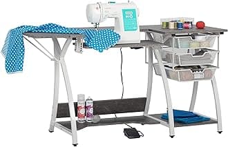 Sew Ready Pro Stitch Sewing Machine Table with Wire Mesh Drawers, Desk for Hobby, Craft Table and Computer Desk, Home Office in White/Cement Gray, 56.75" W