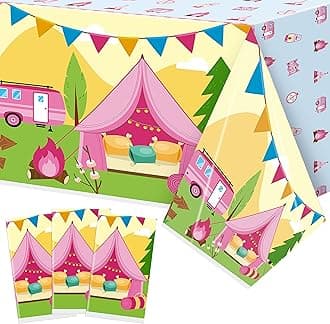 Pink Camping Plastic Tablecloths - 3-Pack Camping Pink Plastic Table Covers Christmas Winter Xmas New Year Decoration Waterproof Rectangle Campfire Cute Kid Baby Shower Birthday Party Supplie
