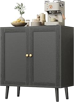 Huuger Buffet Cabinet with Storage, Storage Cabinet with PE Rattan Decor Doors, Accent Sideboard Buffet with Solid Wood Feet, for Hallway, Entry, Living Room, All Black