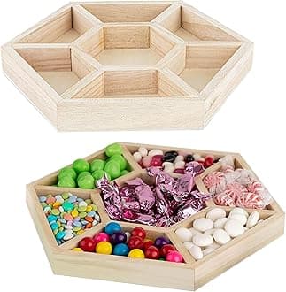 Hammont Hexagon Wooden Tray – 2-Pack – 10.5″ x 1″ – 7 Section Divided Serving & Snack Platter for Appetizers, Veggies, Montessori Activities