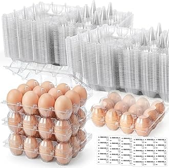 LOVEINUSA 60 Pack 12-Count Clear Plastic Egg Cartons with 60 Date Labels, Reusable PET Dozen Egg Holders for Medium Chicken Eggs, Clamshell Cartons for Farm, Home Fridge & Market Display