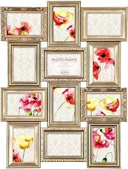 Vintage Gold Multi Aperture Photo Picture Frame - Holds 12 X 6''X4'' Photos