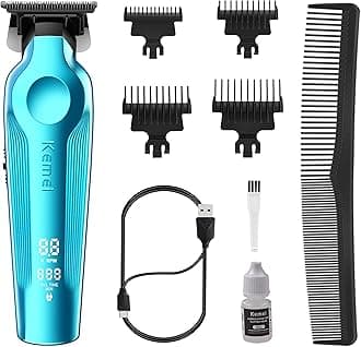 KEMEI PRO Hair Trimmer for Men, Zero Gapped Cordless Hair Clippers for Barber with T Blade, Rechargeable Barber Clippers with LED Display, Blue