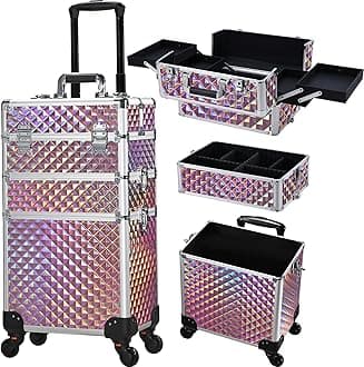 FRENESSA 3 in 1 Rolling Makeup Train Case Professional Cosmetic Trolley Large Storage for Beauticians, Hairstylists, Nail Tech Students with Swivel Wheels Salon Barber Case Traveling Cart Trunk, Pink