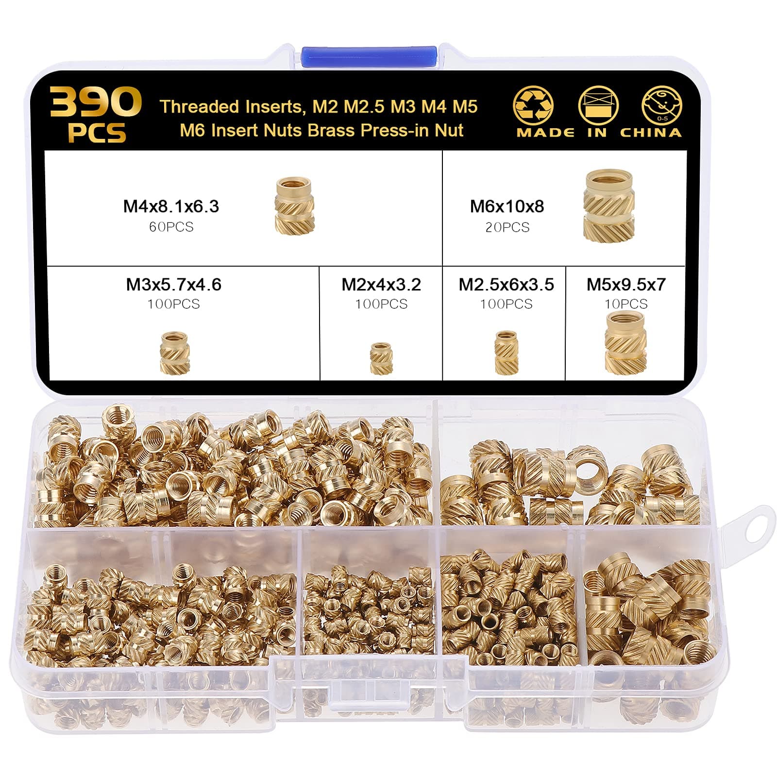 Knpwer 390 PCS Female Thread Knurled Nuts,Threaded Inserts,M2 M2.5 M3 M4 M5 M6 Insert Nuts Brass Threaded Bushings Internal Press-in Nut for Plastic Parts by Heat or 3D Printer