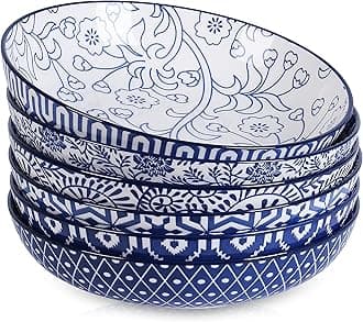 Selamica 740 ml Pasta Plate, Porcelain Salad Bowl, Set of 6, Deep Soup Bowls, Deep Plates for Spaghetti, Pasta, Soup, Microwave and Dishwasher Safe, Stackable, Vintage Blue