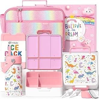 Kids Bento Lunch Box with 4 Compartments, Insulated lunch Bag, Stainless Steel Insulated Water Bottle, Ice Pack & Utensils Set, Birthday Gifts for Ages 3-12 Back to School Toddler Girls Boys