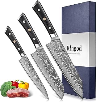 KINGOD Kitchen Knife Set 3-Piece – 8” Chef, 7” Santoku & Utility Knife – High Carbon Stainless Steel, Full Tang, Sharp Knives for Meat, Vegetables & Everyday Home Cooking