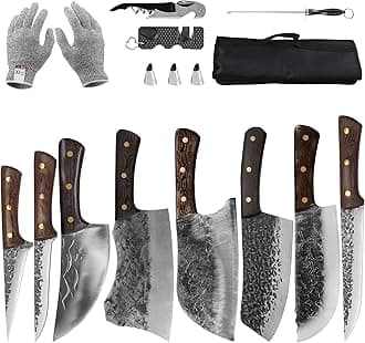 FULLHI 14pcs Butcher Knife Set Hand Forged chef knife Boning Knife With Sheath High Carbon Steel Chef For Kitchen, Camping, BBQ
