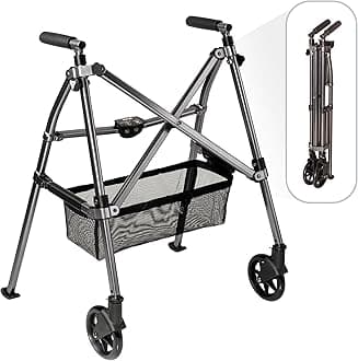 Stander Wonder Walker Plus Short, Lightweight Junior Folding Mobility Aid for Petite Adults, Seniors, and Elderly, Collapsible Travel EZ Fold-N-Go with Wheels, Glides & Basket, Black Walnut