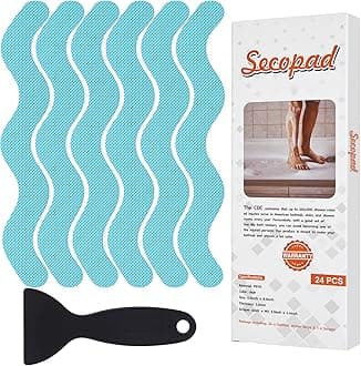 Anti Slip Shower Stickers, Adhesive Decals Safety Strips with Scraper for Bath Tub, Shower Floor, Stairs, 24 Pieces (Blue)