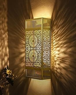 Homesake® Turkish Moroccan Wall Sconce Lamp, Vintage Hand Carved Metal Wall Light, Wall Mounted Porch Light, Brass Finish for Home,Villa, Kitchen, Restaurant, (Rectangle)
