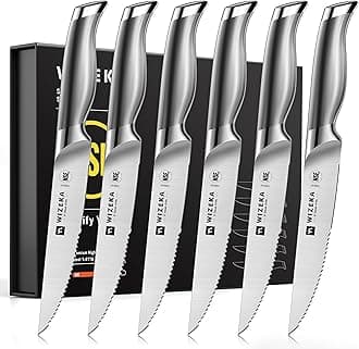 WIZEKA Steak Knives Set of 6 - German Stainless Steel - 5 Inches Serrated Straight Edge Steak Knife Set, One Piece Design Knife Set of Steak with Box, Silver Wings Series