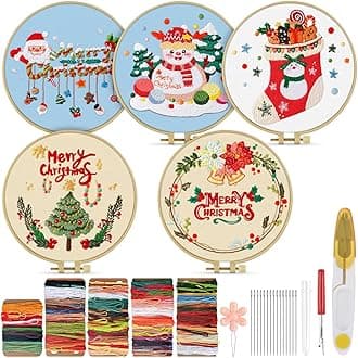 TINDTOP Christmas Embroidery Kit for Adult, 5 Pack Embroidery DIY Starter Kit, with Stamped Patterns, Hoop, Tools, Colorful Threads with Needles, Instructions