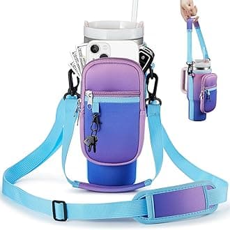 Water Bottle Carrier Bag with Phone Pocket for Stanley 40 & 30 oz Tumbler with Handle,Pink Insulated Neoprene Cup Holder Pouch w/Adjustable Strap for Quencher H2.0 Stanley Cup Accessories