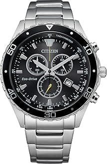 Men's Eco-Drive Weekender Chronograph Watch in Silver-tone Stainless Steel, Black Dial (Model: AT2387-52E), Silver-Tone, Chronograph