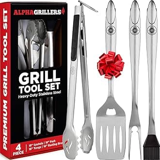 Alpha Grillers Grill Set Heavy Duty BBQ Accessories - BBQ Tool Set 4pc Grill Accessories with Spatula, Fork, Brush & BBQ Tongs - Gifts for Dad Durable, Stainless Steel Grill Tools
