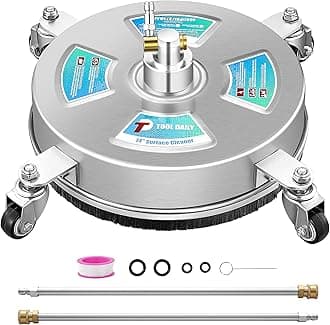 Tool Daily 14” Pressure Washer Surface Cleaner, Stainless Steel Driveway Power Washer Attachment with 4 Wheels, 2 Extension Wands, 4000 PSI