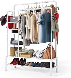 Heavy Duty Clothes Rail, 120KG White Metal Rack With Double Hanging Clothing Rail, Shoe Rack, Storage Shelves & 4 Coat Hooks, Wardrobe Clothes Rails For Bedroom Office Shop
