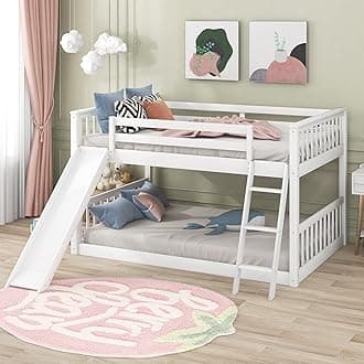 Full Over Full Low Bunk Bed with Slide and Ladder, Low Bunk Bed for Kids, Girls, Boys, Floor bunk Bed, White
