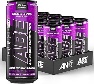 ABE Pre Workout Cans - All Black Everything Energy + Performance Drink, ABE Carbonated Beverage Sugar Free with Caffeine (Pack of 12 Cans x 330ml) (Grape Soda)