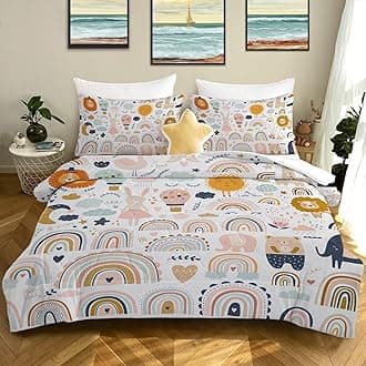 BEDMUST Rainbow Comforter Sets Kids Girls Twin Rainbow Bedding Set Lovely Cartoon Rainbow Animals Comforter Cover for Girls Teens Boys Microfiber Collection Bed Set
