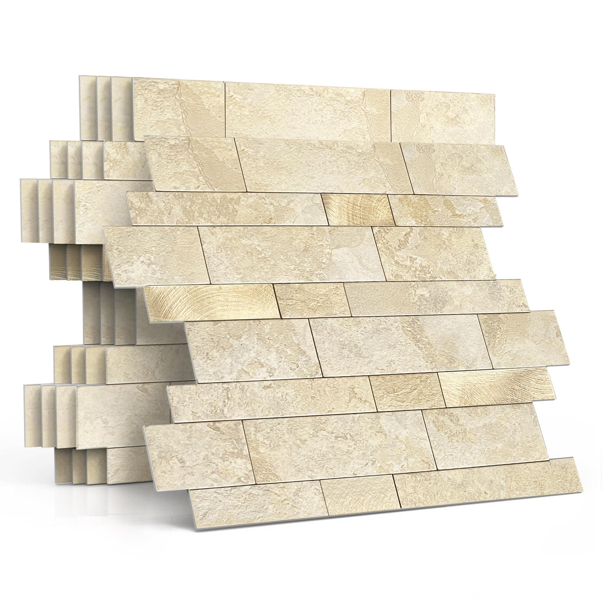 3D Brick Self Adhesive Wall Tiles,Marble Tile Stickers for Bathroom Waterproof Matte Stick on Tiles Kitchen Peel and Stick Heat Resistant(10sheets,Beige Gold)
