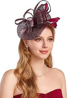 BABEYOND Women's Pillbox Fascinator Hat Kentucky Derby Hat Feather Fascinator Headband Tea Party Fascinator Hat for Cocktail (Wine Red)