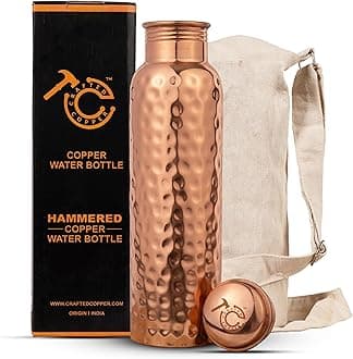 Copper Water Bottle For Drinking 34 Oz Extra Large - Ayurvedic 100% Pure Copper Vessel For Drinking - Drink More Water with Lower Your Sugar Content - Enjoy The Healthy Benefits (Hammered, 1)