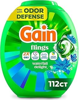 Flings Liquid Washing Detergent pacs, Now with Odor Defense + Color Guard, Waterfall Delight Scent, 4-In-1 Liquid Laundry Detergent Pods, Clean & Fresh, 112 Count